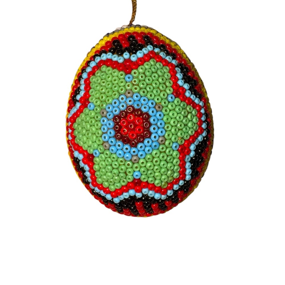 MEXICAN HUICHOL Easter Egg Ornament Native Folk Art Seed Bead Mexico 3” Flower